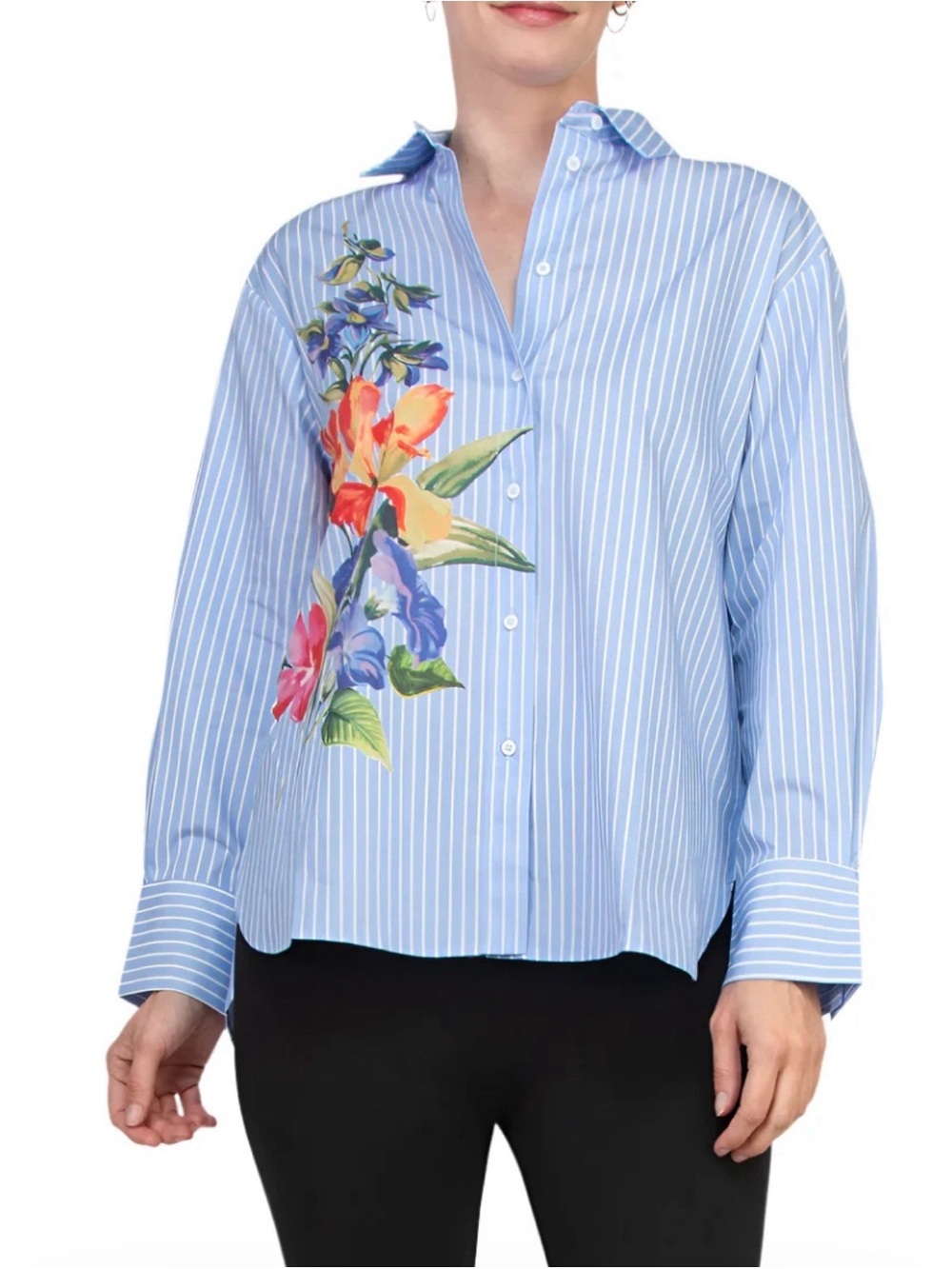 Light Blue Pin Striped Button-Down Shirt with Floral Accent Career Resort Work
